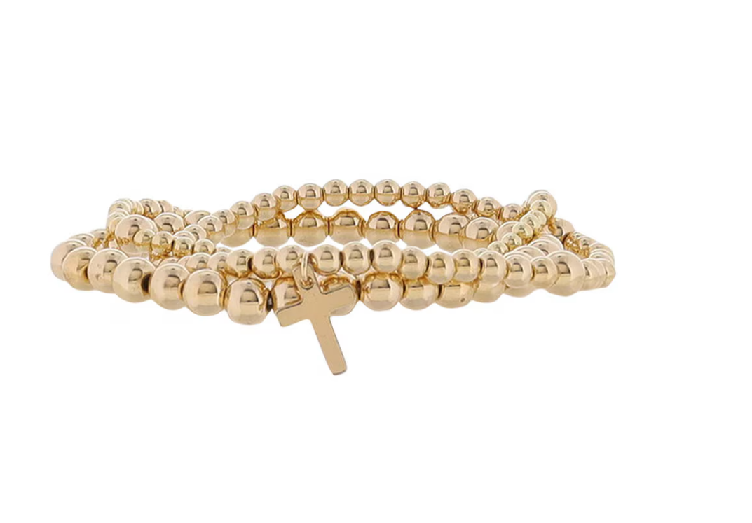 Set of 3 Gold Beaded with Gold Cross Bracelet