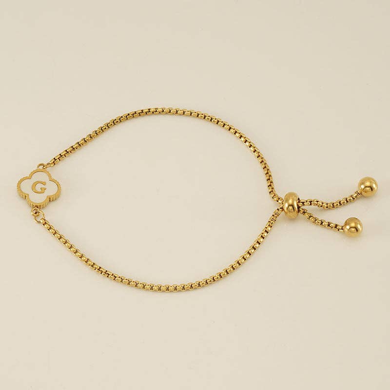 Initial Letter Four Leaf Clover Bracelet in Stainless Steel