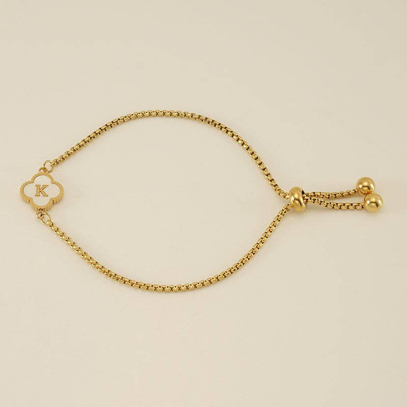 Initial Letter Four Leaf Clover Bracelet in Stainless Steel