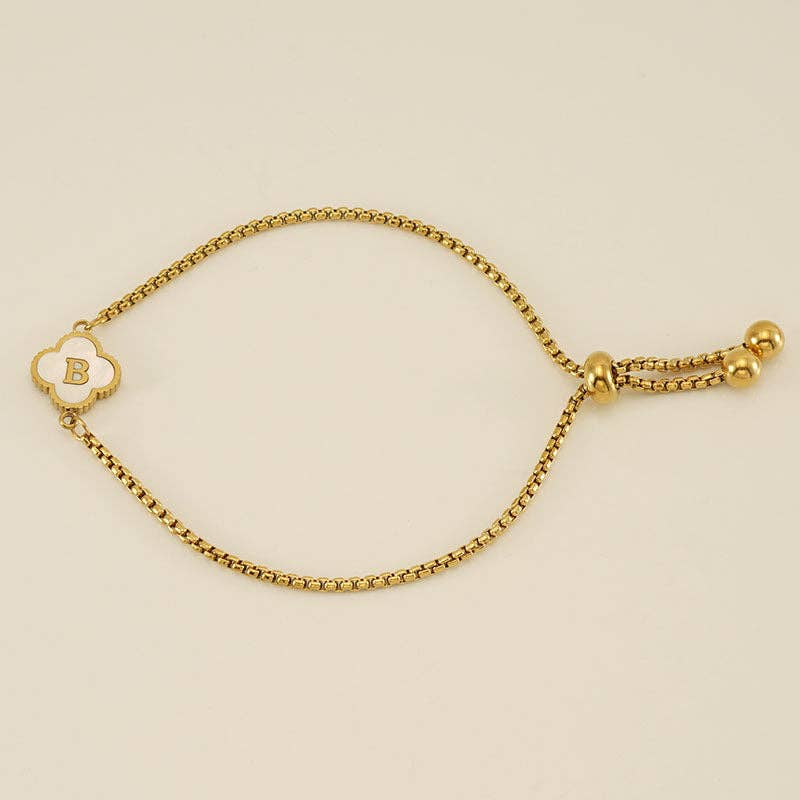 Initial Letter Four Leaf Clover Bracelet in Stainless Steel