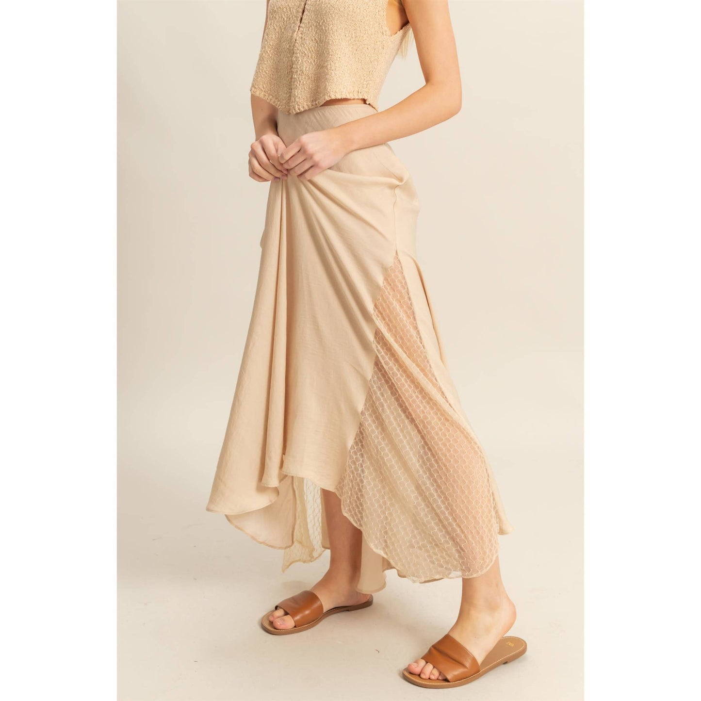 Lace Detail Satin Maxi Skirt features a flowy hem and lace panel, perfect for a flirty summer look.
