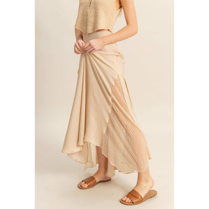 Lace Detail Satin Maxi Skirt features a flowy hem and lace panel, perfect for a flirty summer look.