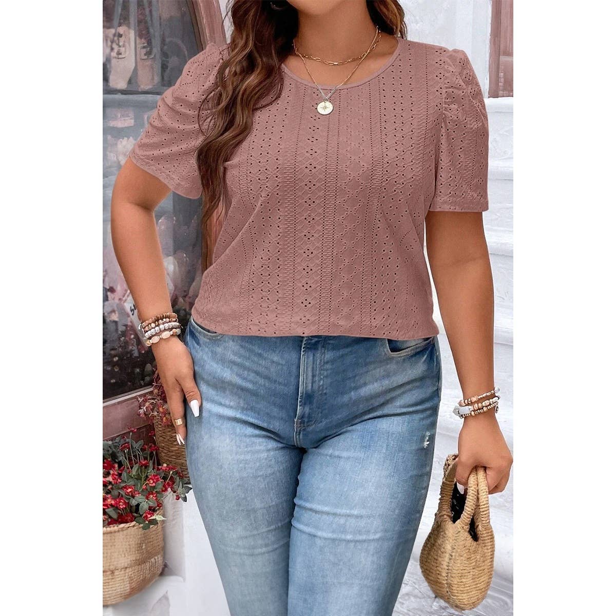 Curvy Puff Sleeve Eyelet Blouse