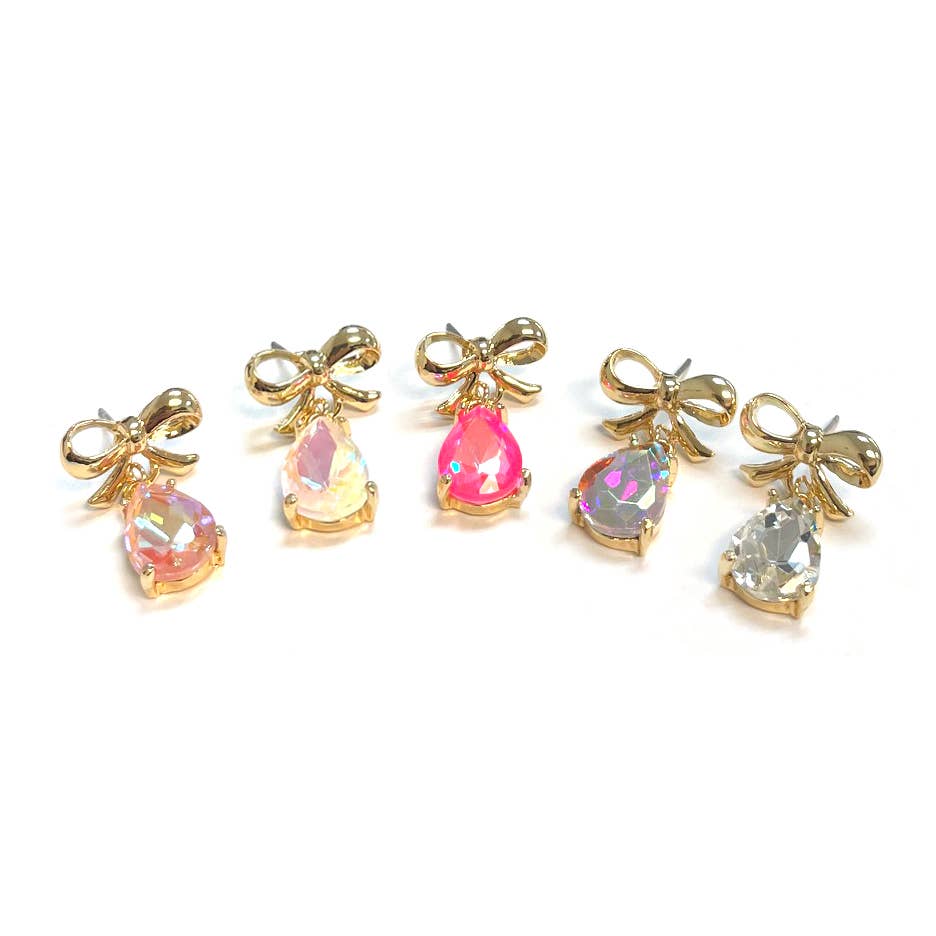 Gold Top Bow w/ Teardrop Glass Dangle Earrings