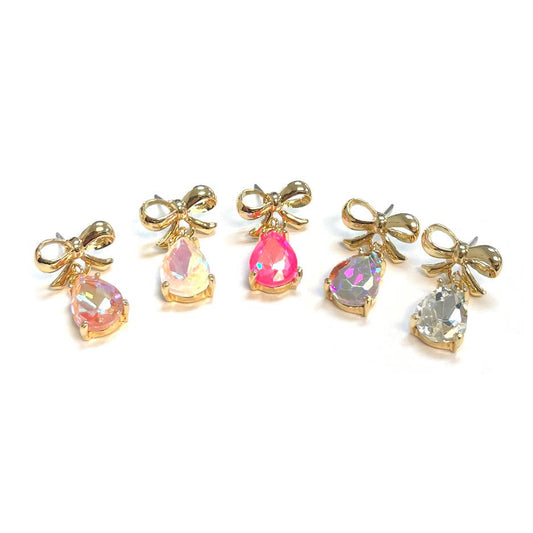 Gold Top Bow w/ Teardrop Glass Dangle Earrings