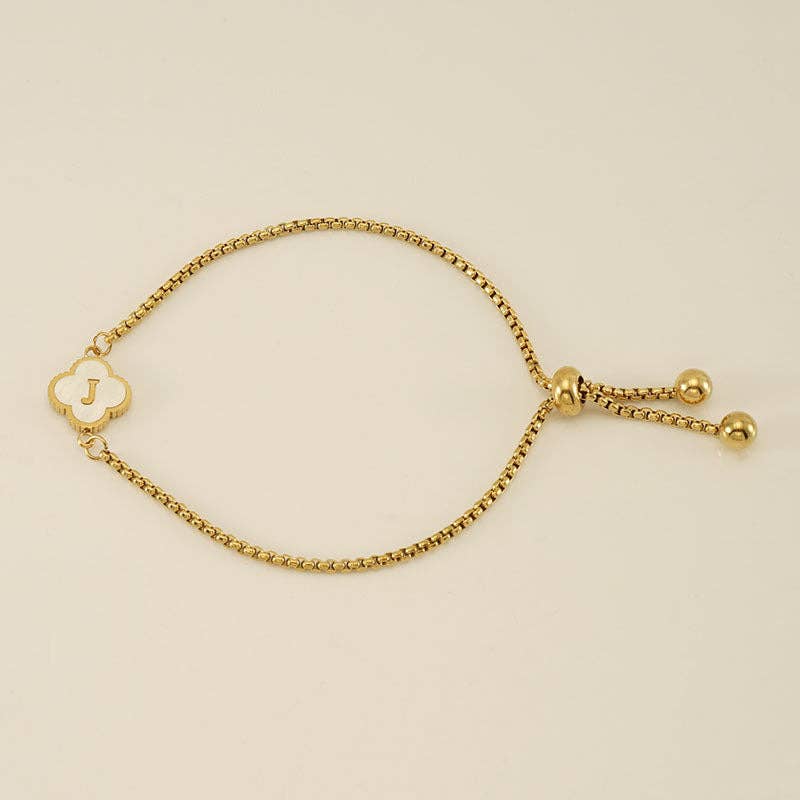 Initial Letter Four Leaf Clover Bracelet in Stainless Steel