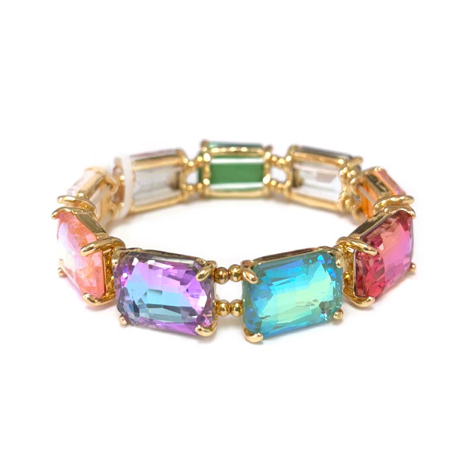 Rectangular Glass Crystal Linked Stretch Bracelet