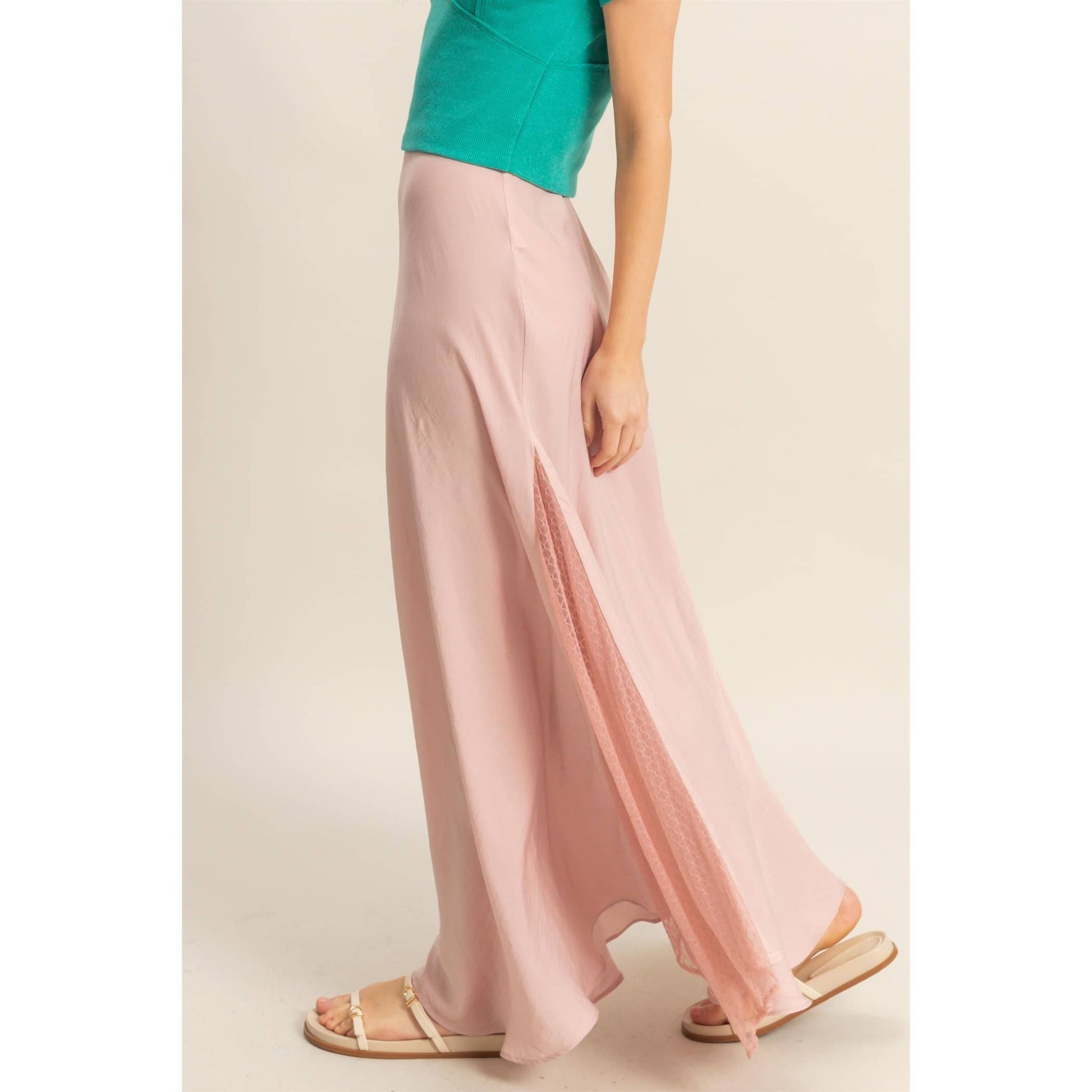 Flirty Lace Detail Satin Maxi Skirt featuring a mid-rise waist and a flowy hem, perfect for summer outfits.