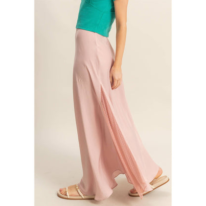Flirty Lace Detail Satin Maxi Skirt featuring a mid-rise waist and a flowy hem, perfect for summer outfits.