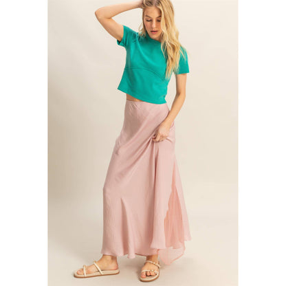 Chic Lace Detail Satin Maxi Skirt in soft pink, perfect for summer outfits with a flattering flowy design.