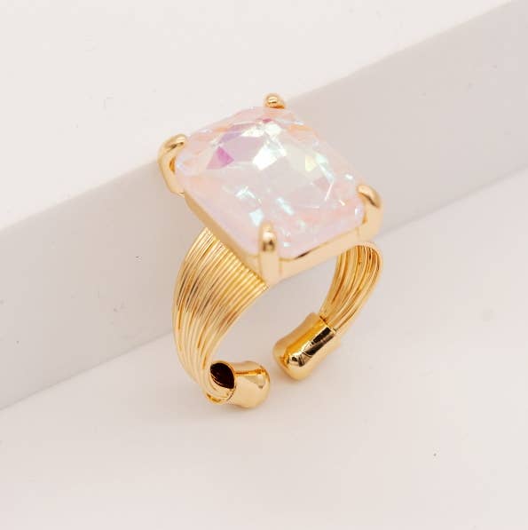 Square Glass Cushion Cut Cocktail Adjustable Wire Ring
