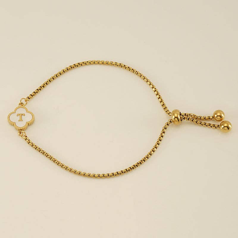 Initial Letter Four Leaf Clover Bracelet in Stainless Steel