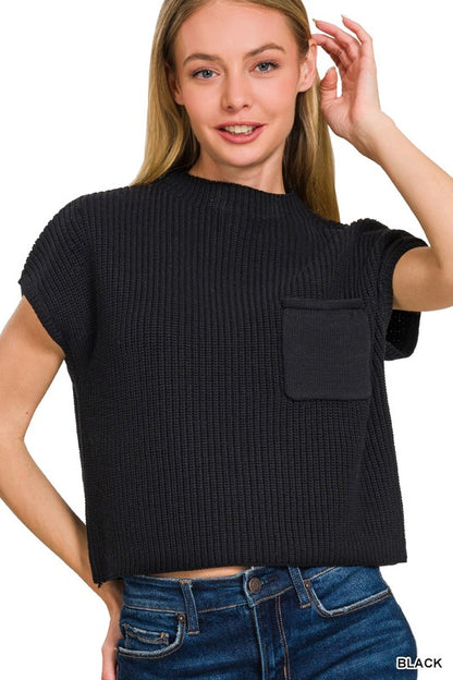 Stylish black Crop Pocket Sweater with short sleeves and ribbed knit design, perfect for fall outfits.