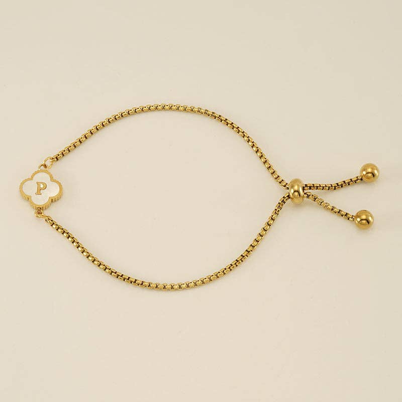 Initial Letter Four Leaf Clover Bracelet in Stainless Steel