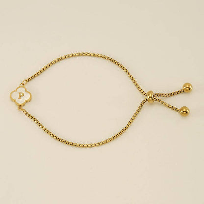 Initial Letter Four Leaf Clover Bracelet in Stainless Steel