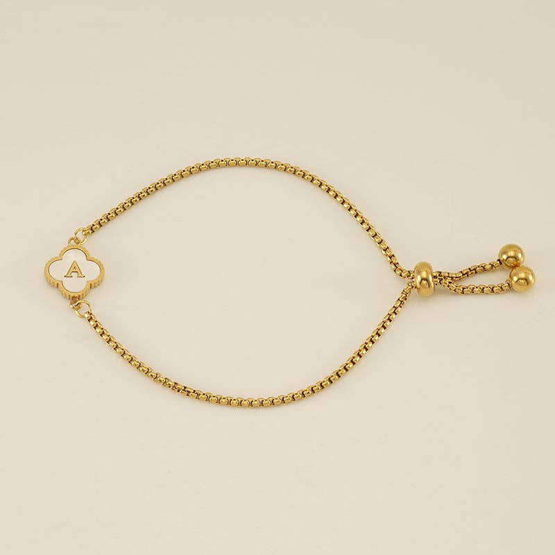 Initial Letter Four Leaf Clover Bracelet in Stainless Steel