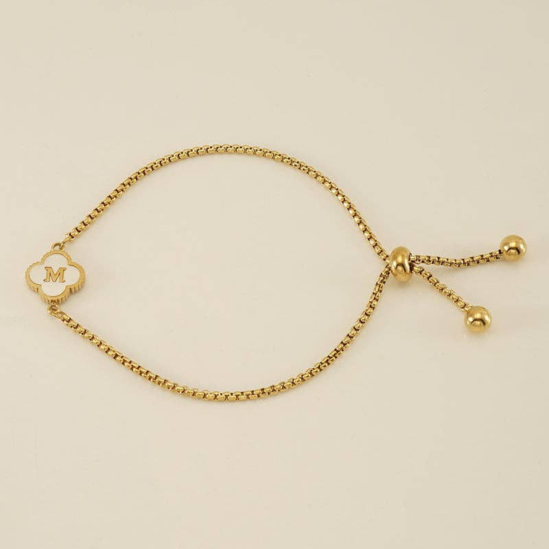 Initial Letter Four Leaf Clover Bracelet in Stainless Steel