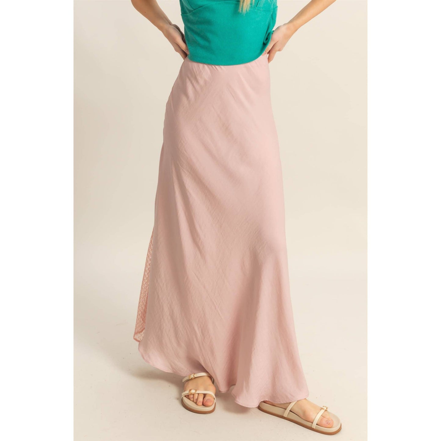 Flirty Lace Detail Satin Maxi Skirt with a flowy hem, perfect for summer outfits. Shop now for a stylish look!