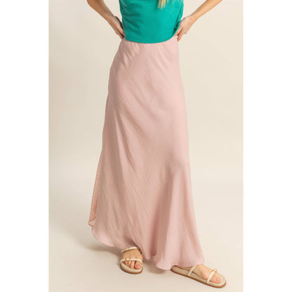 Flirty Lace Detail Satin Maxi Skirt with a flowy hem, perfect for summer outfits. Shop now for a stylish look!