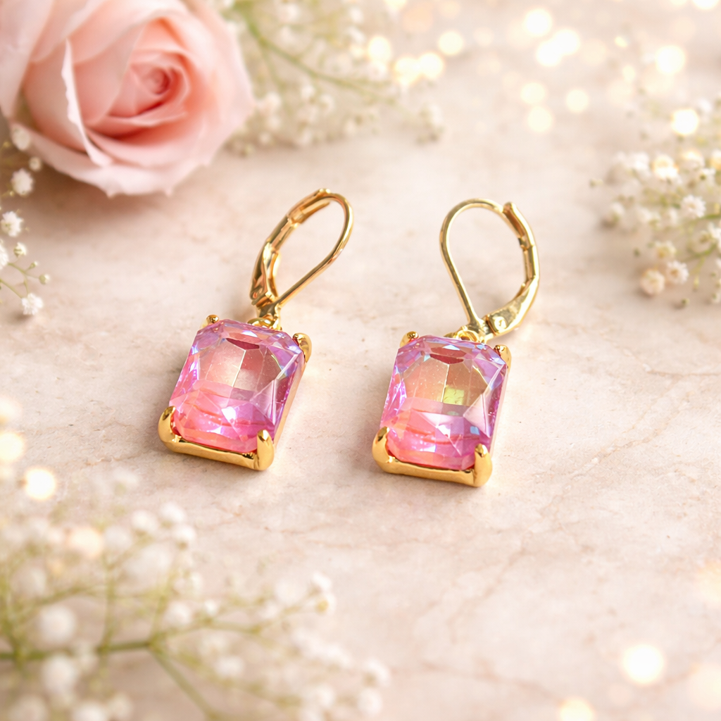 Square Glass Beads Dangle Lever Back Drop Earrings