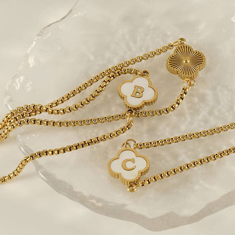 Initial Letter Four Leaf Clover Bracelet in Stainless Steel