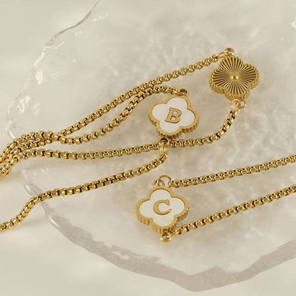 Initial Letter Four Leaf Clover Bracelet in Stainless Steel