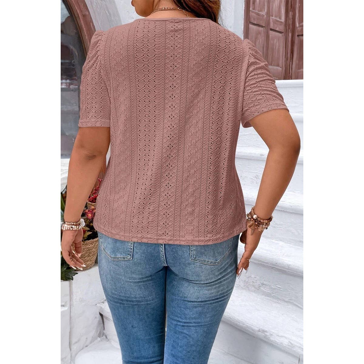 Curvy Puff Sleeve Eyelet Blouse