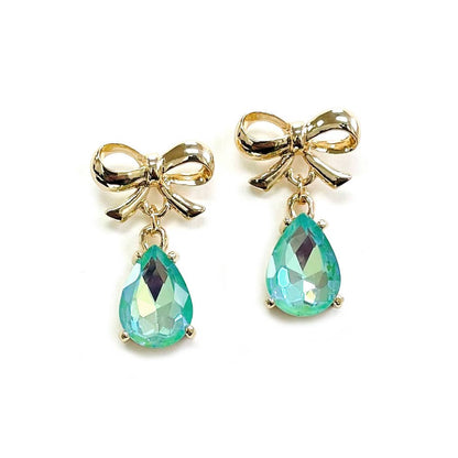 Gold Top Bow w/ Teardrop Glass Dangle Earrings