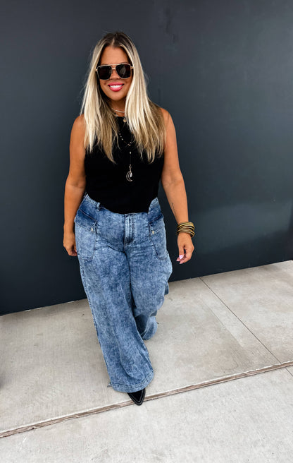 Charlie Cinch Hem Wide Leg Jeans: wide-leg or cinched jogger with elastic waist, snap pockets, stretch denim.