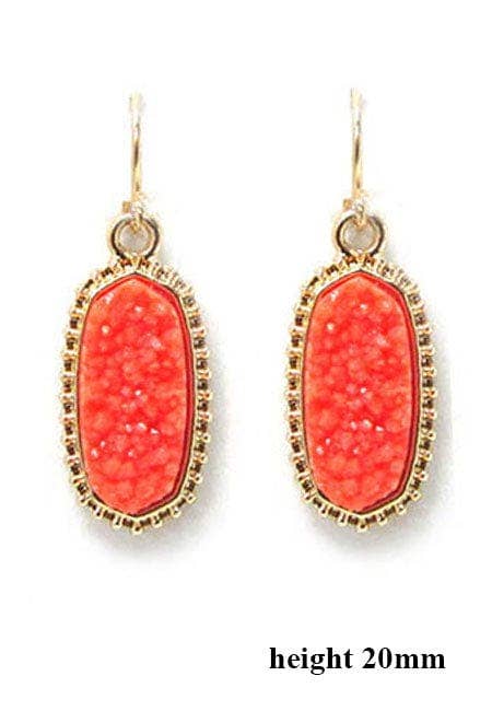 Stylish Druzy Stone Oval Hexagon Drop Earrings featuring a goldtone textured frame, perfect for any outfit.