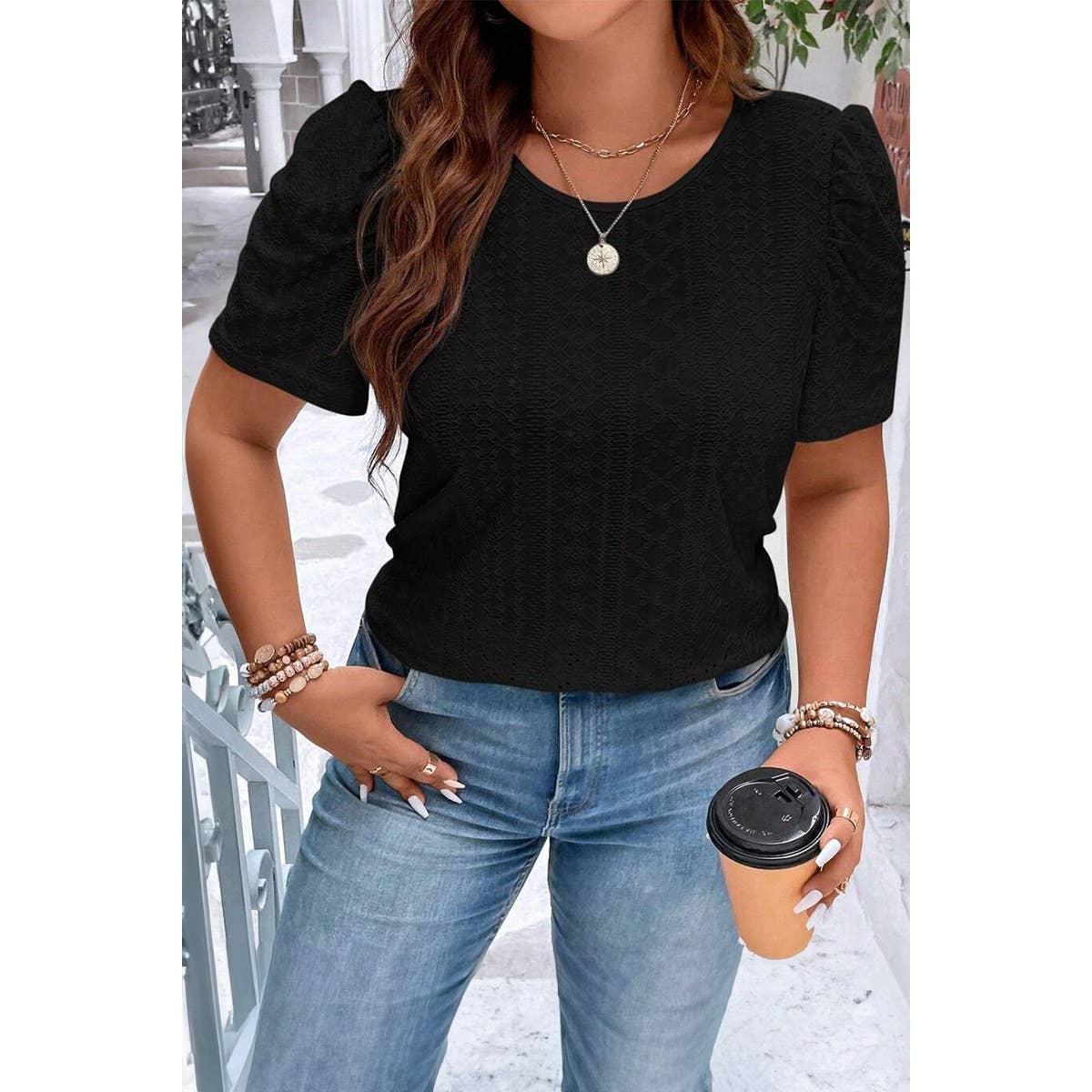 Curvy Puff Sleeve Eyelet Blouse