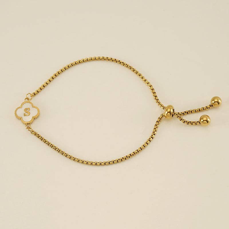 Initial Letter Four Leaf Clover Bracelet in Stainless Steel