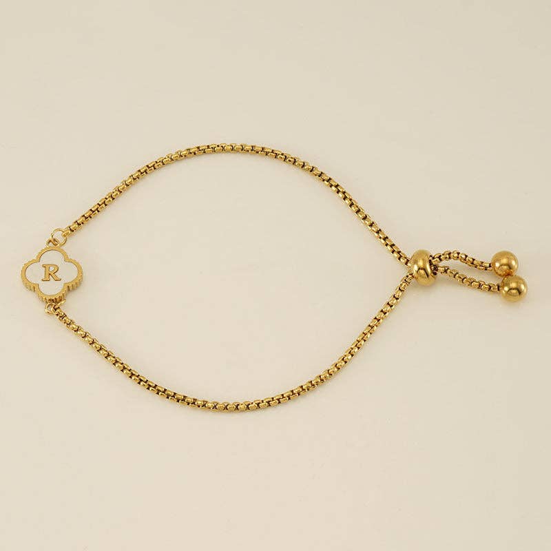 Initial Letter Four Leaf Clover Bracelet in Stainless Steel