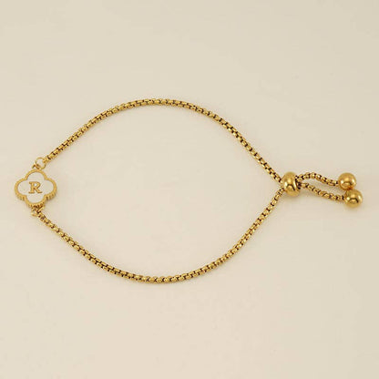 Initial Letter Four Leaf Clover Bracelet in Stainless Steel