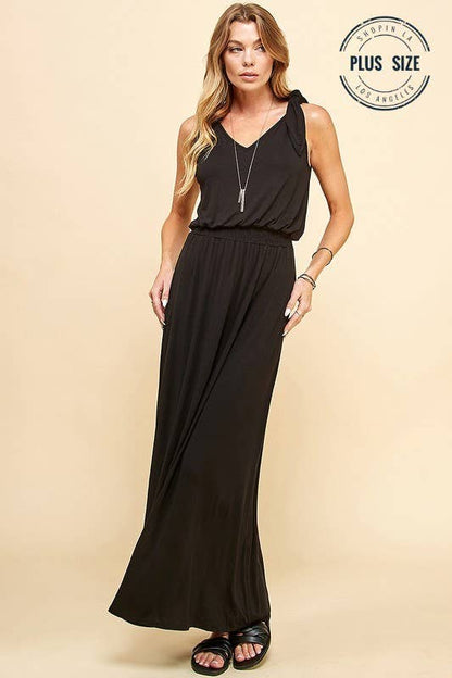 Stylish SPD7006P - PLUS SIZE SOLID SMOCKING WAISTBAND MAXI DRESS with flattering fit, perfect for any occasion.