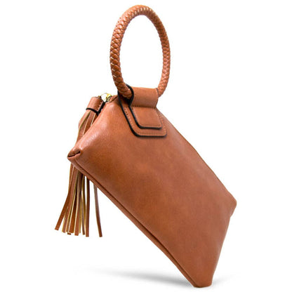 Stylish Leather Wristlet/Clutch with braided handle, perfect for adding flair to any outfit. 