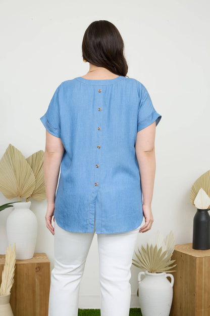 Stylish PLUS BACK BUTTON CUFF SLEEVE CHAMBRAY TOP featuring a split hem and pocket detail, perfect for any occasion.