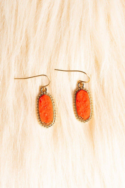 Stylish Druzy Stone Oval Hexagon Drop Earrings with goldtone frame, perfect for adding fun to any outfit.