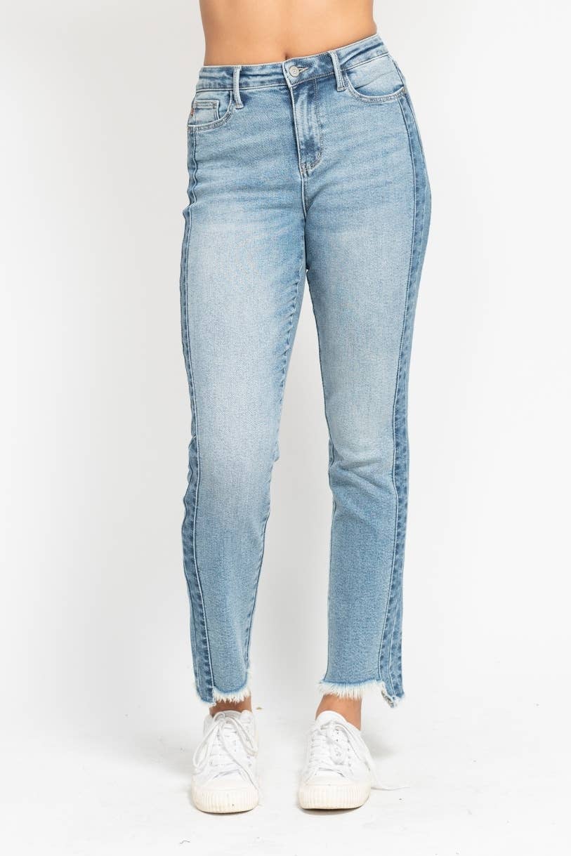 The Side Hustle Straight jeans in vintage wash with side panel detail and hi-lo fray hem.