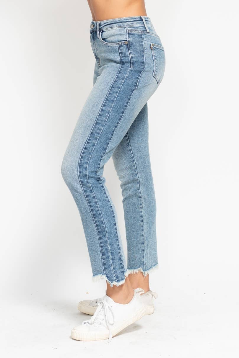 The Side Hustle Straight jeans in vintage wash with side panel detailing and a frayed hi-lo hem.