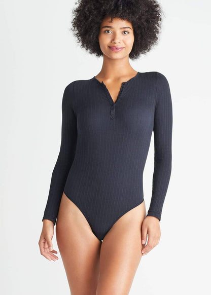 Katrina Henley Long Sleeve Thong Bodysuit - Cotton Rib