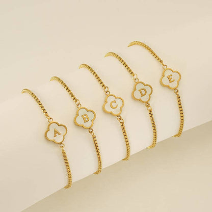 Initial Letter Four Leaf Clover Bracelet in Stainless Steel