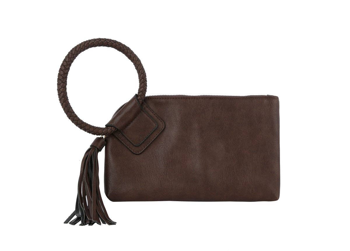 Stylish Leather Wristlet/Clutch featuring a braided handle and tassel, perfect for any outfit.