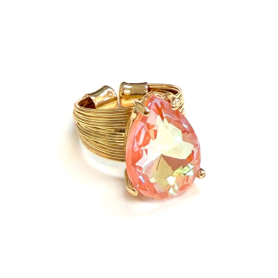 Teardrop Glass Crystal Cocktail Bead Adjustable Wire Ring