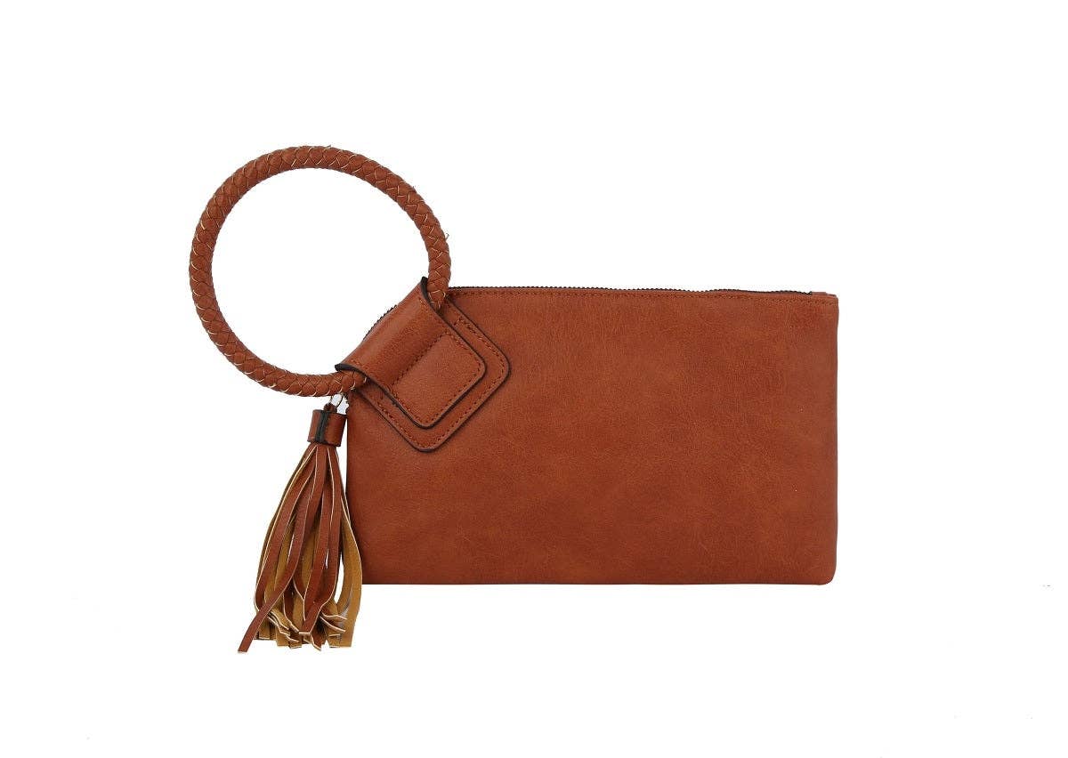 Stylish Leather Wristlet/Clutch with braided handle and tassel, perfect for adding flair to any outfit.