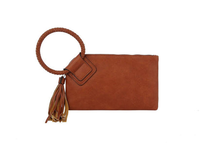 Stylish Leather Wristlet/Clutch with braided handle and tassel, perfect for adding flair to any outfit.