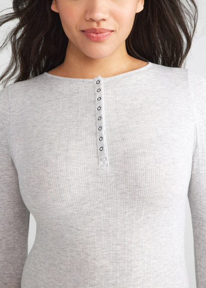 Katrina Henley Long Sleeve Thong Bodysuit - Cotton Rib