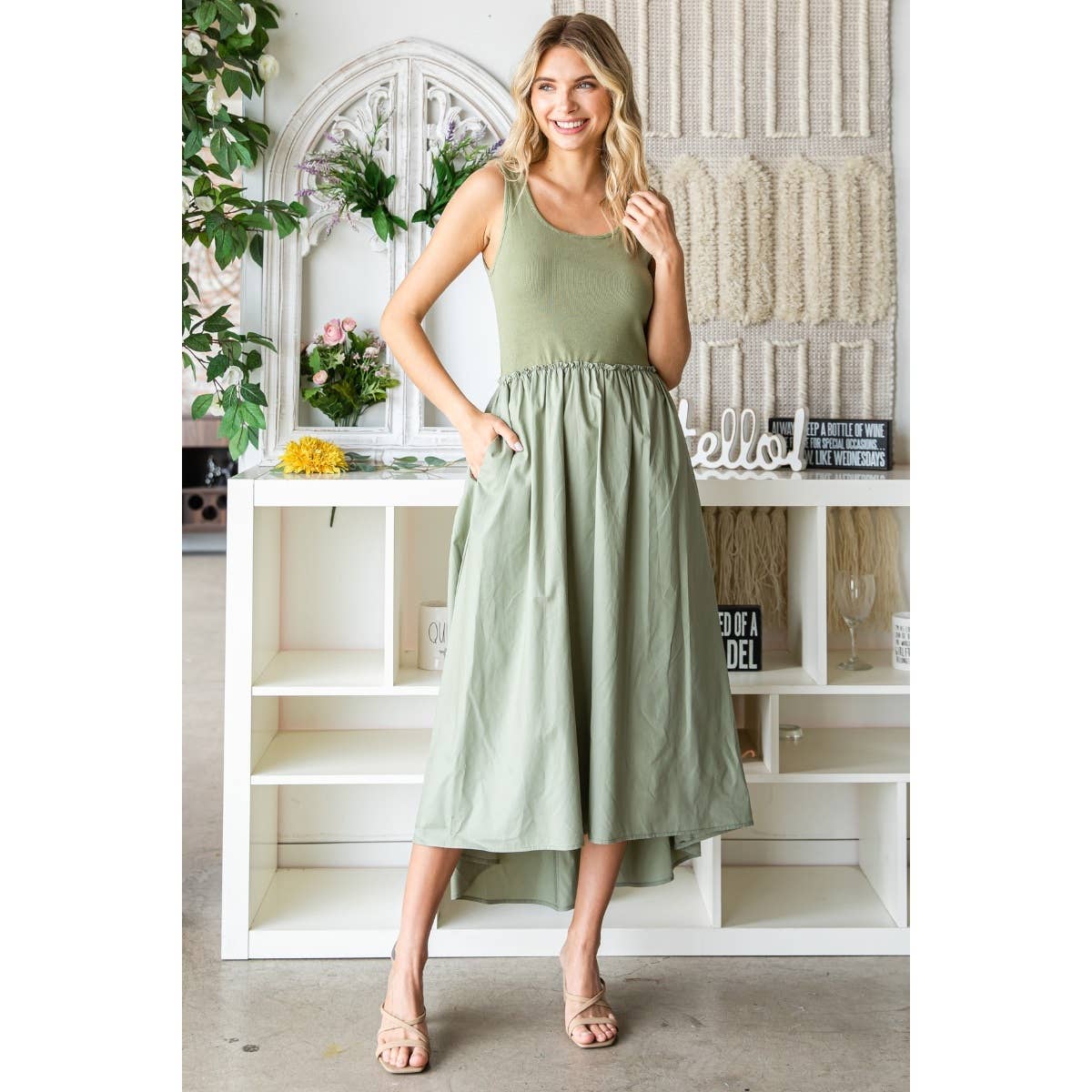 Ribbed knit top and Parachute Skirt Long Dress