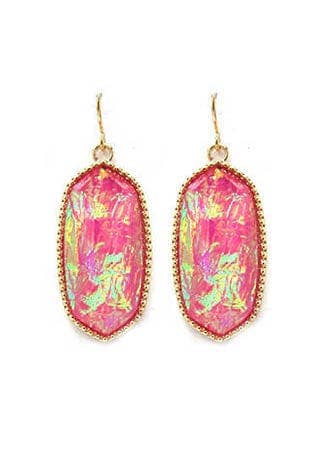 Stylish Penelope Small Oval Hexagon Drop Earrings in vibrant pink add charm to any outfit for a fun, unique look.