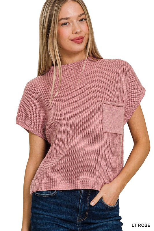 Stylish Crop Pocket Sweater with mock neckline and short sleeves, perfect for fall layering. Ideal with jeans or booties.
